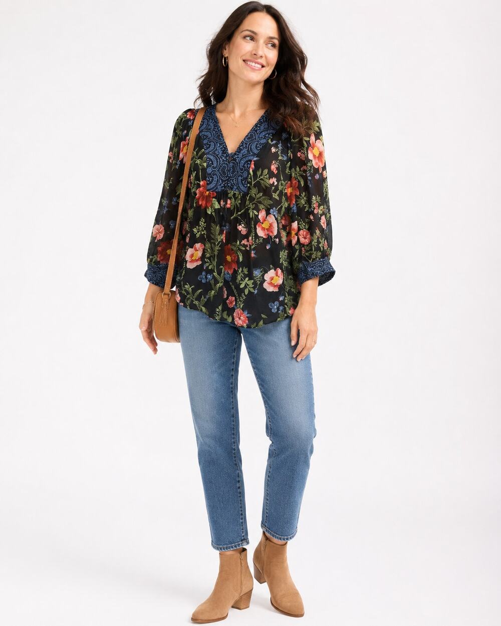 Joie Black Floral Silk Blouse XS Embroidered V Neck Long Sleeve Boho Romantic